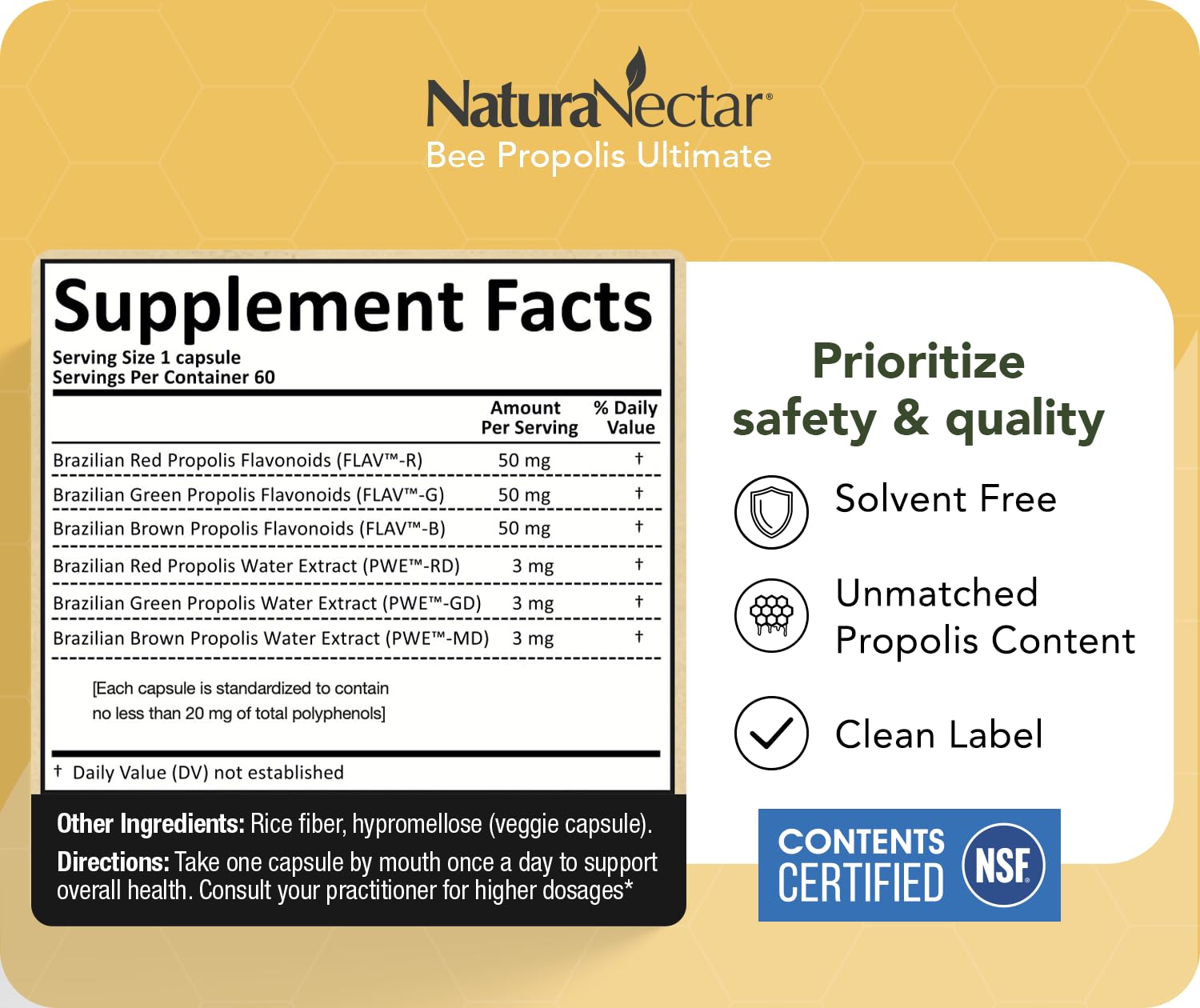 NaturaNectar NSF Certified seal signals trusted quality for propolis capsules.