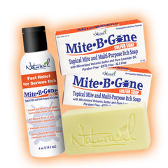 Naturasil Mite-B-Gone 10% sulfur lotion bottle pour suggests quick itch relief.