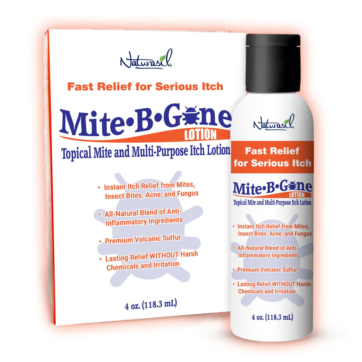 Naturasil Mite-B-Gone bottle front showing natural itch relief for skin irritations.