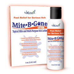 Naturasil Mite-B-Gone bottle front showing natural itch relief for skin irritations.