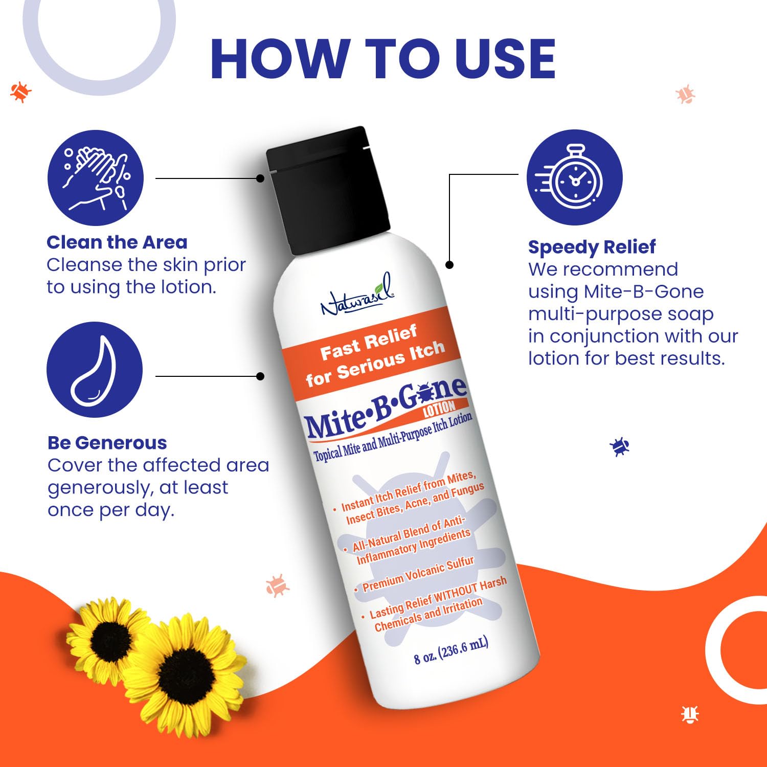 Naturasil Mite-B-Gone ingredients with tea tree oil for soothing irritation.
