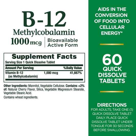 B-12 Quick-Dissolve 1000mcg cherry tablets front view
