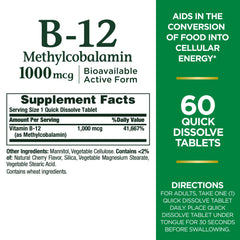 B-12 Quick-Dissolve 1000mcg cherry tablets front view