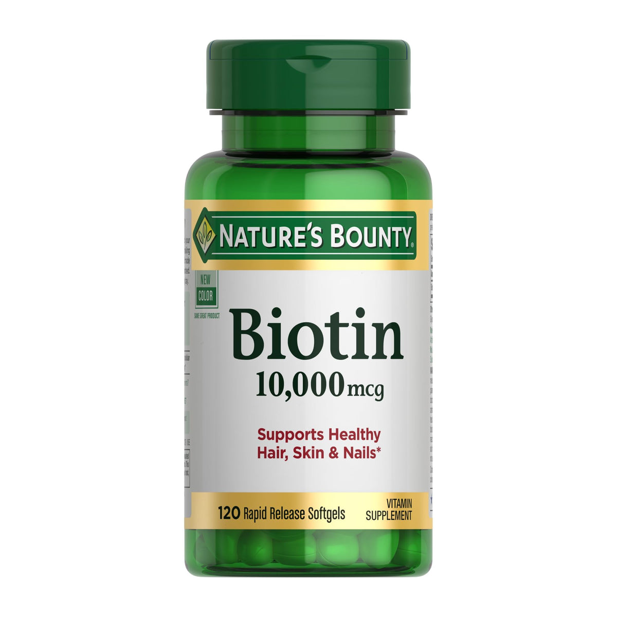 Nature's Bounty Biotin 10,000 mcg bottle and label