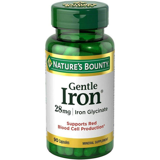 Nature's Bounty Gentle Iron 28 mg – 90 capsules bottle label with iron glycinate, folic acid, vitamin B12 and vitamin C