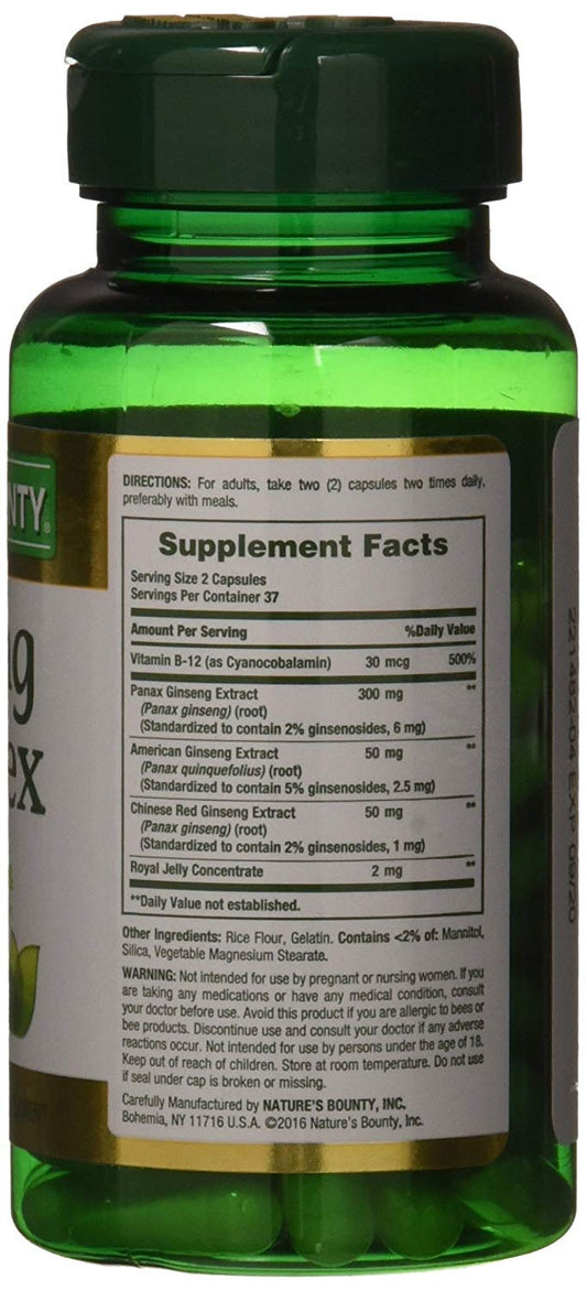Close-up of Nature's Bounty Ginseng Complex Plus Royal Jelly label showing ingredients
