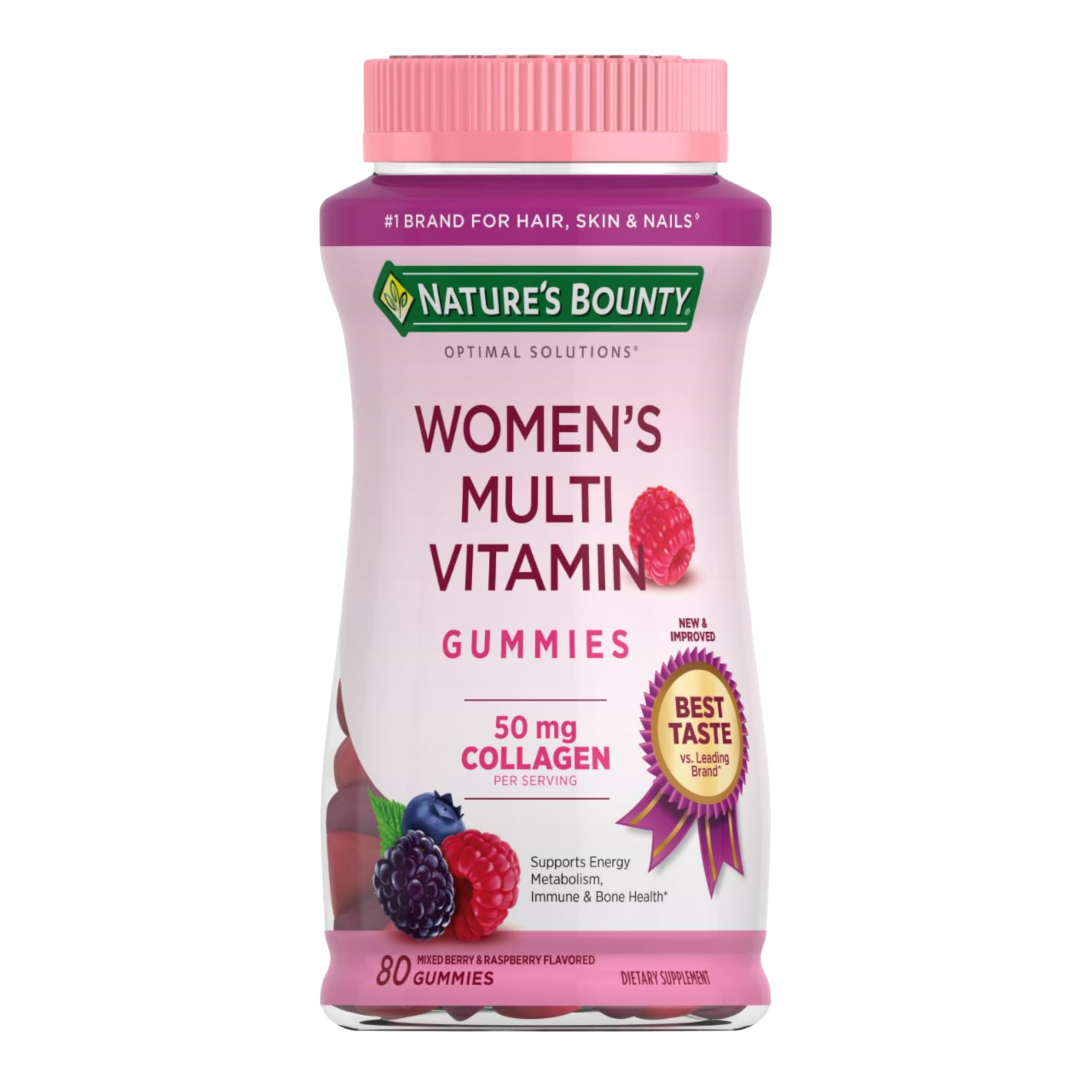Front view of Nature's Bounty Optimal Solutions Women's Multivitamin Gummies Raspberry flavor bottle