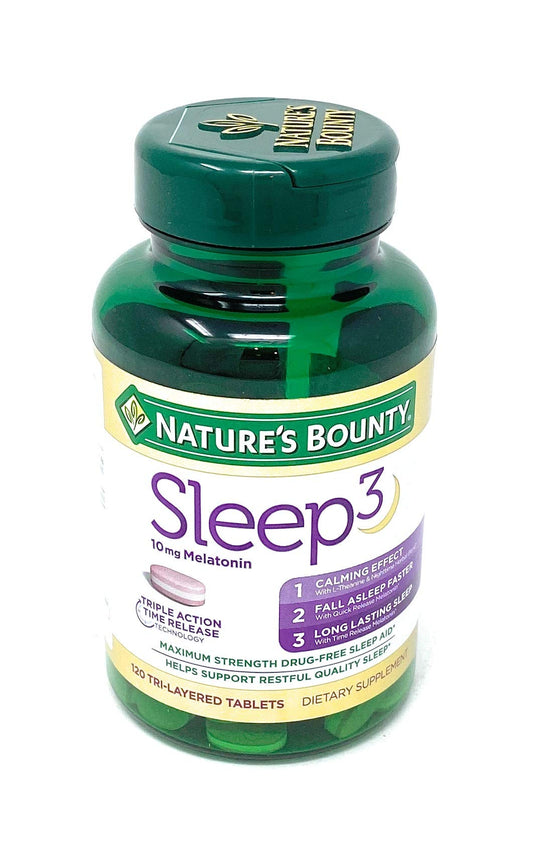 Nature's Bounty Sleep3 bottle and packaging with 120 tablets