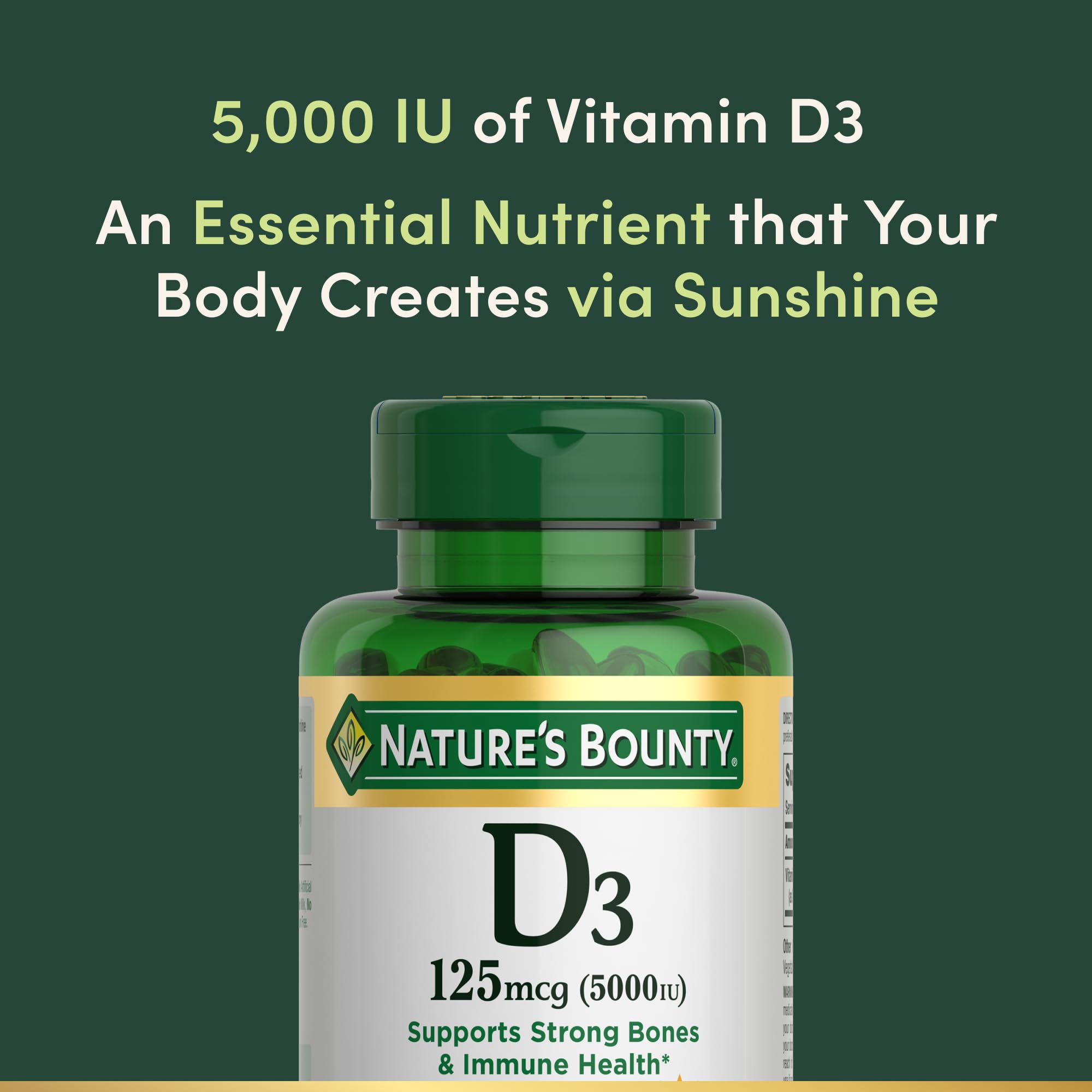 Front label of Nature's Bounty Vitamin D3 5000 IU bottle