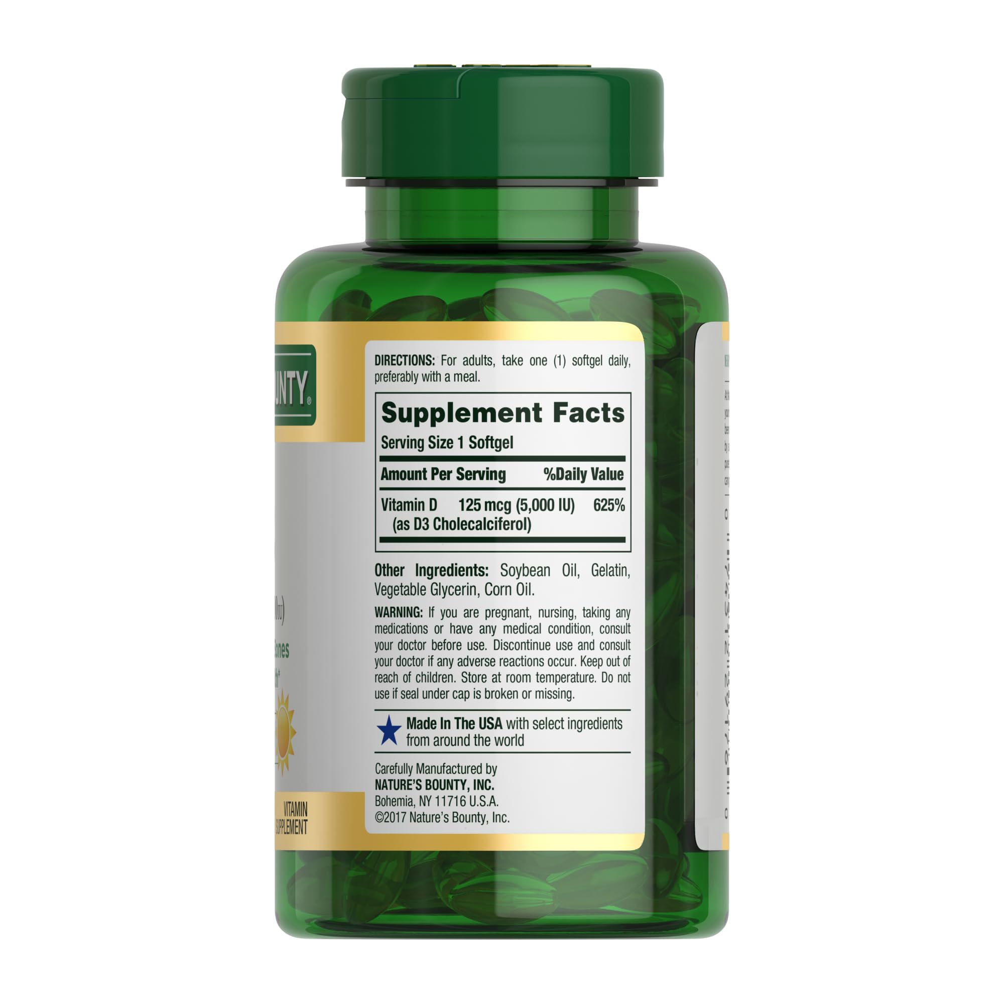 Nature's Bounty Vitamin D3 5000 IU supplement packaging on white background