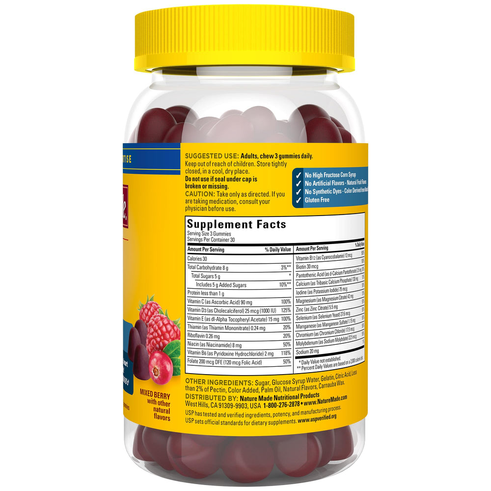 Gluten-free and no artificial flavors label on Nature Made gummies
