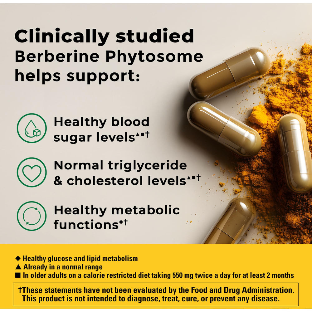 Nature Made Berberine Phytosome capsules closeup highlights 1100 mg daily dosing.