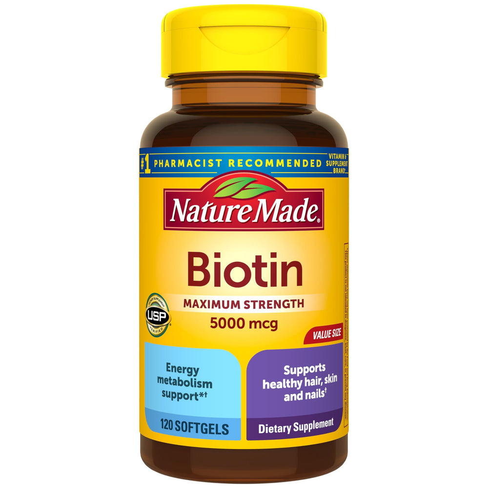 Front of Nature Made Biotin 5000 mcg Softgels bottle