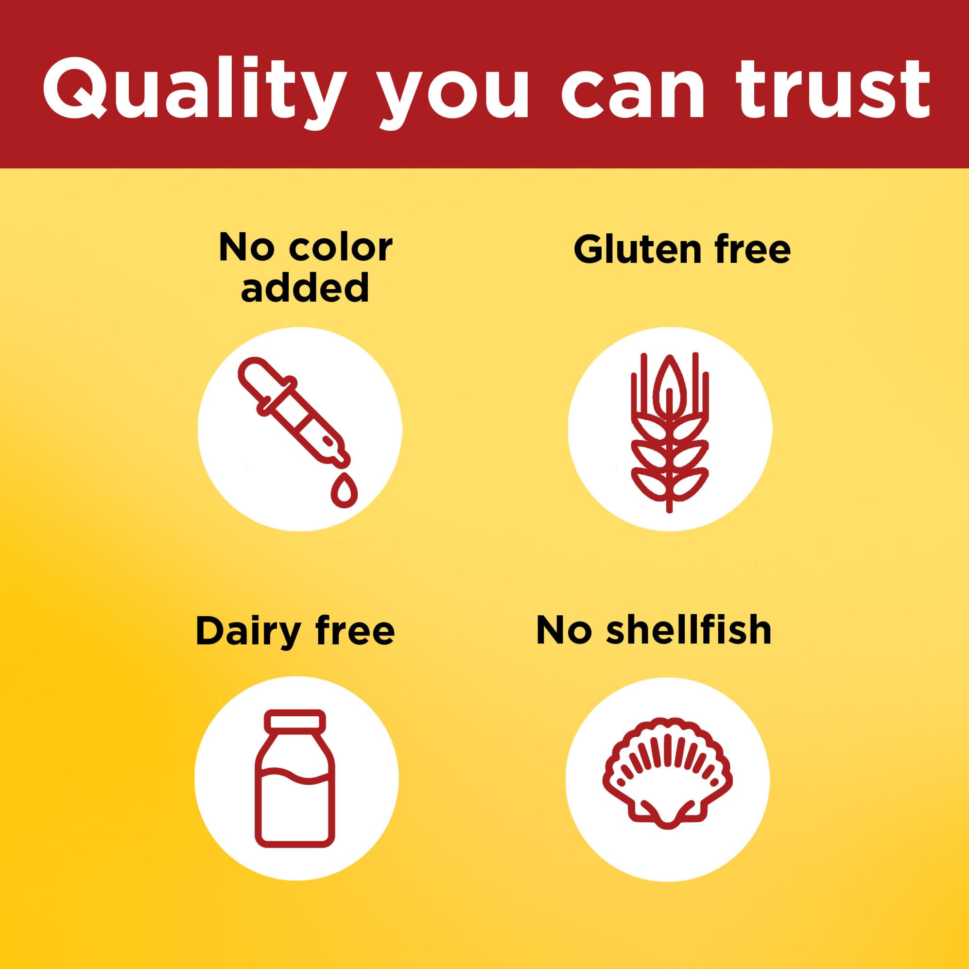 Gluten-free, dairy-free, no color added, no shellfish icon on packaging