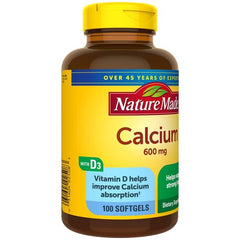 Close-up of Nature Made Calcium 600 mg with Vitamin D Liquid Softgels softgel capsules and packaging