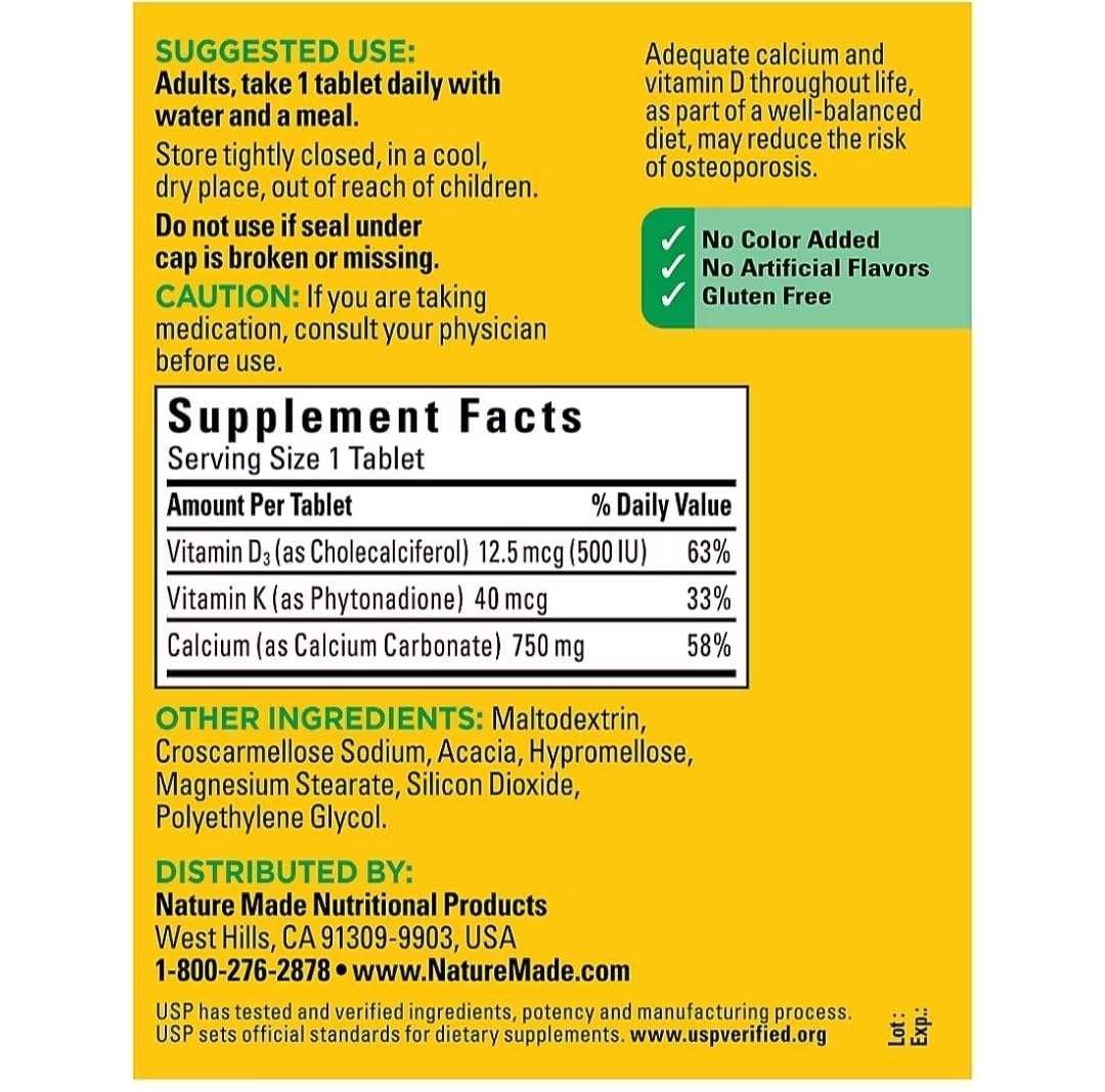 Close-up of Nature Made Calcium 750 mg tablets with D3 and K