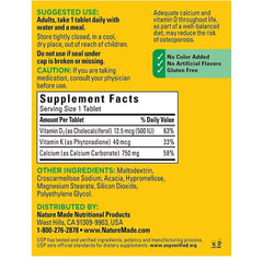 Close-up of Nature Made Calcium 750 mg tablets with D3 and K