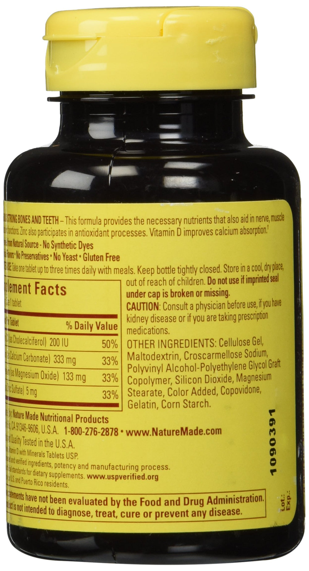 Close-up of Nature Made Calcium Magnesium & Zinc Tabs label