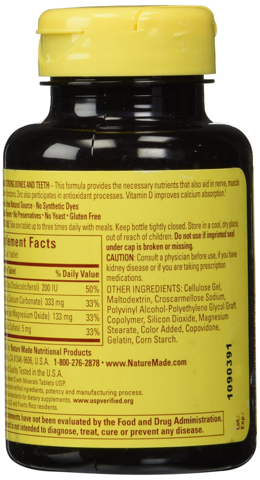 Close-up of Nature Made Calcium Magnesium & Zinc Tabs label