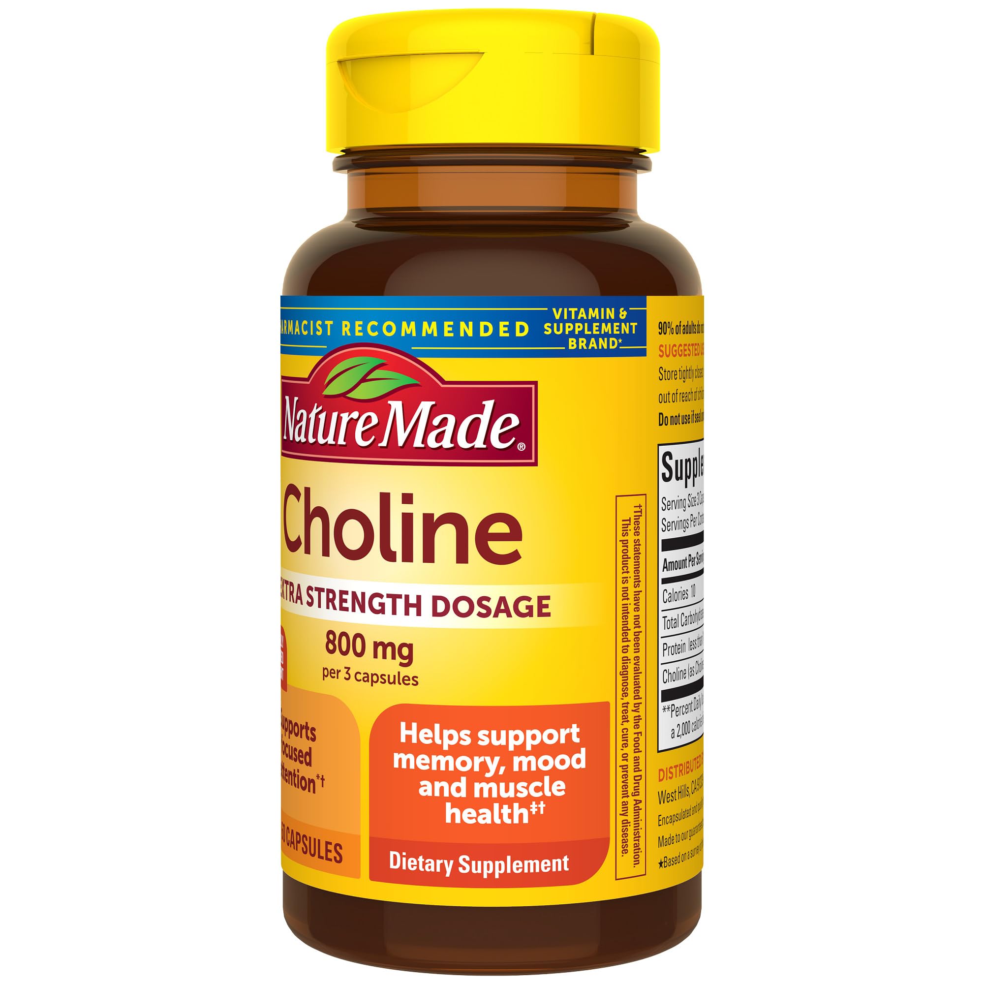 20-day supply of Nature Made Choline 800 mg capsules