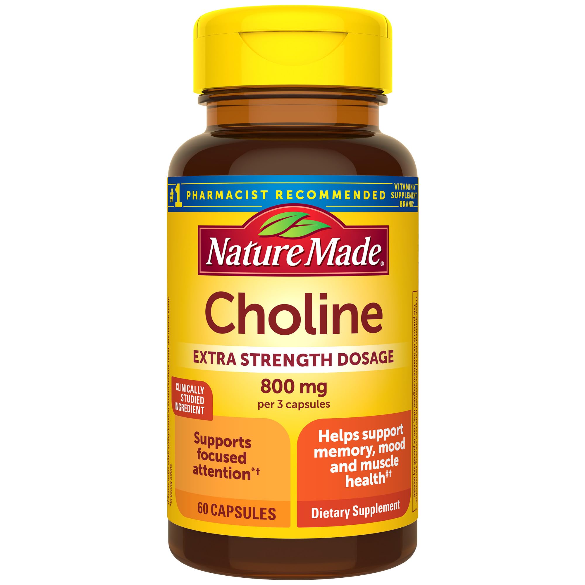 Nature Made Choline 800 mg per 3 capsules bottle on white background