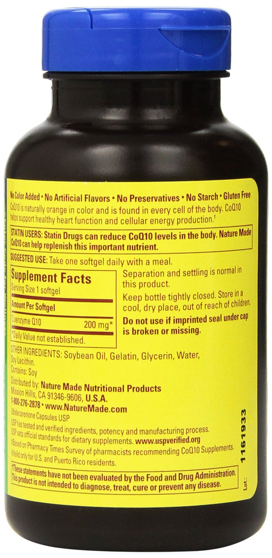 Close-up of Nature Made CoQ10 200 mg bottle label