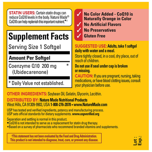 Close-up of Nature Made CoQ10 200 mg softgels