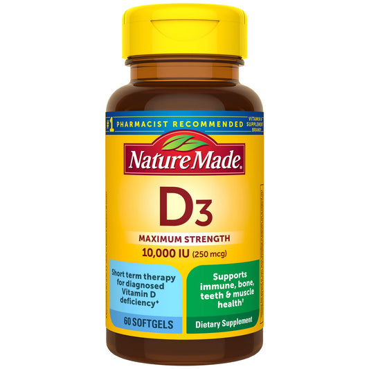 Front view of Nature Made Vitamin D3 10000 IU softgels bottle (60-count)