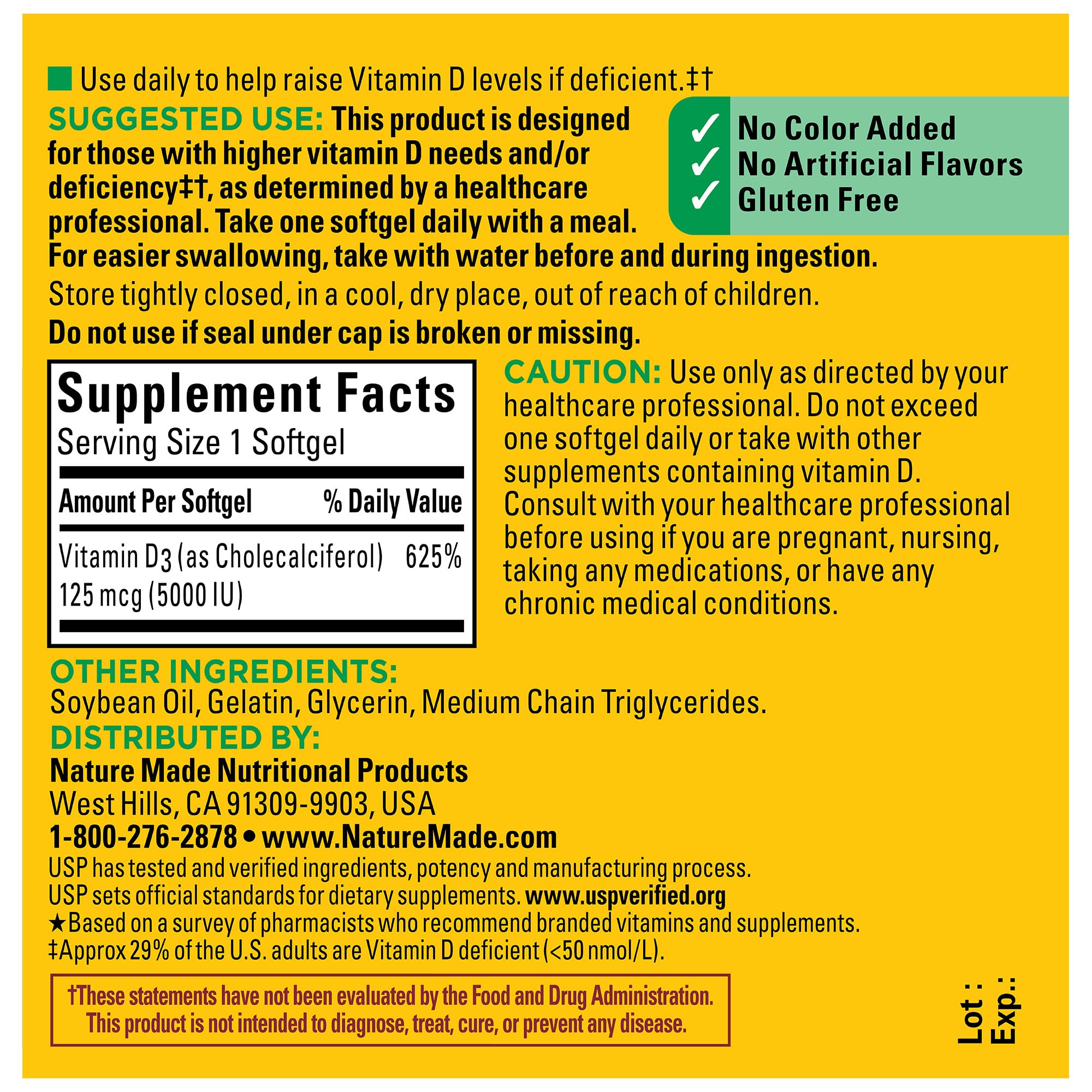 USP Verified badge on Nature Made Vitamin D3 5000 IU softgels