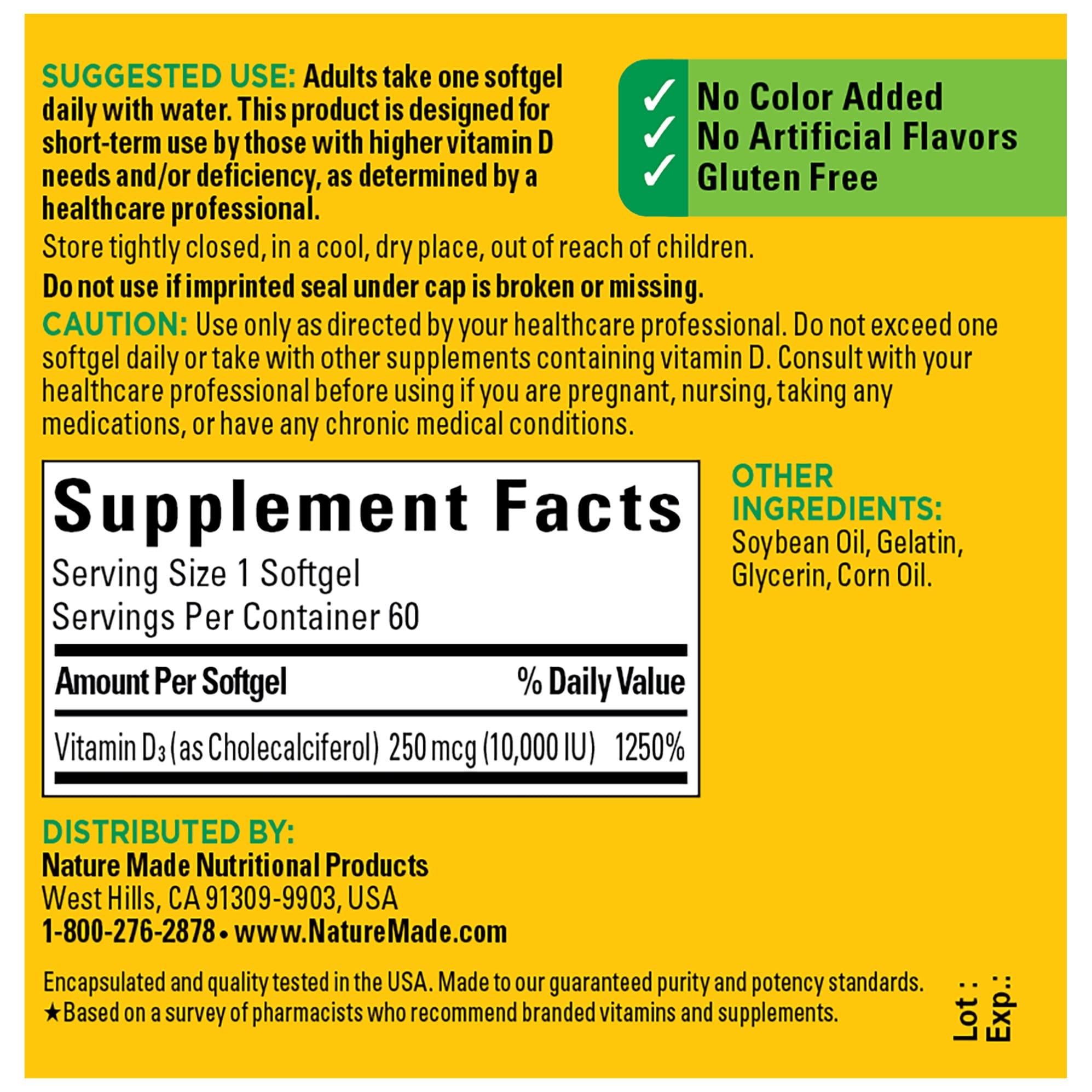 Gluten-free Nature Made Vitamin D3 10000 IU softgels label