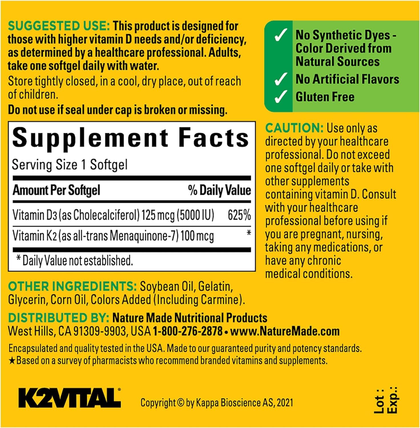 Gluten-free, USA-made Nature Made Vitamin D3 + K2 softgels packaging