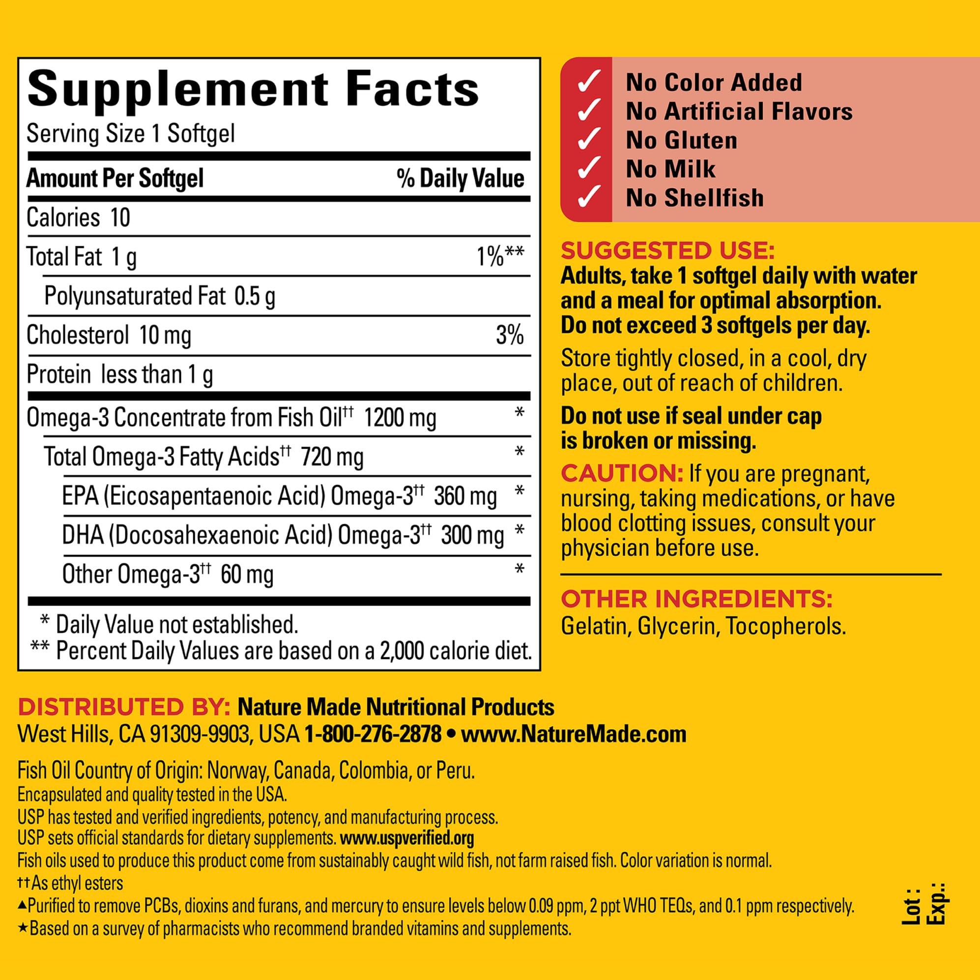Close-up of EPA and DHA amounts on Nature Made label