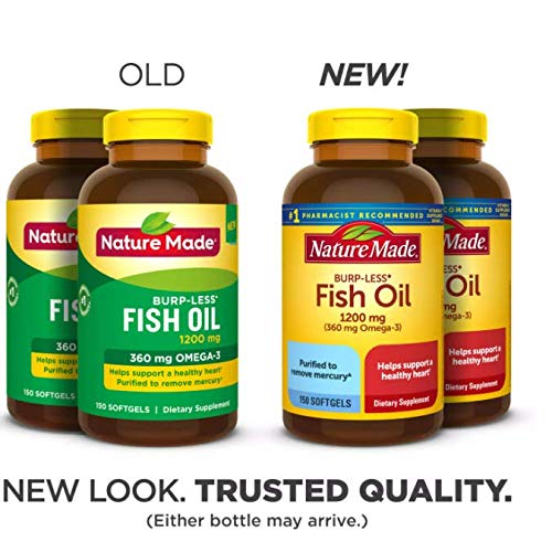 Nature Made label close-up highlighting burp-less formulation and nutrition facts