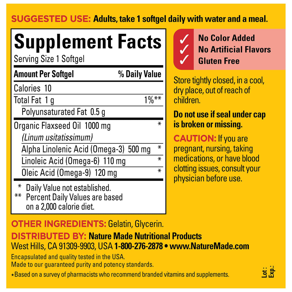 Label showing gluten-free flaxseed oil and no artificial flavors