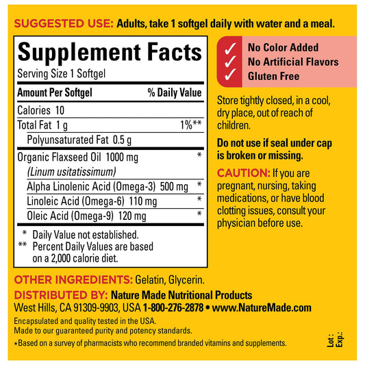 Label showing gluten-free flaxseed oil and no artificial flavors