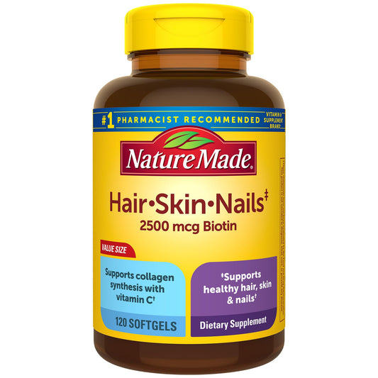 Front view of Nature Made Hair Skin Nails Biotin 2500 mcg Softgels bottle