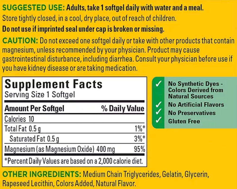 Packaging for Nature Made High Potency Magnesium 400 mg supplement