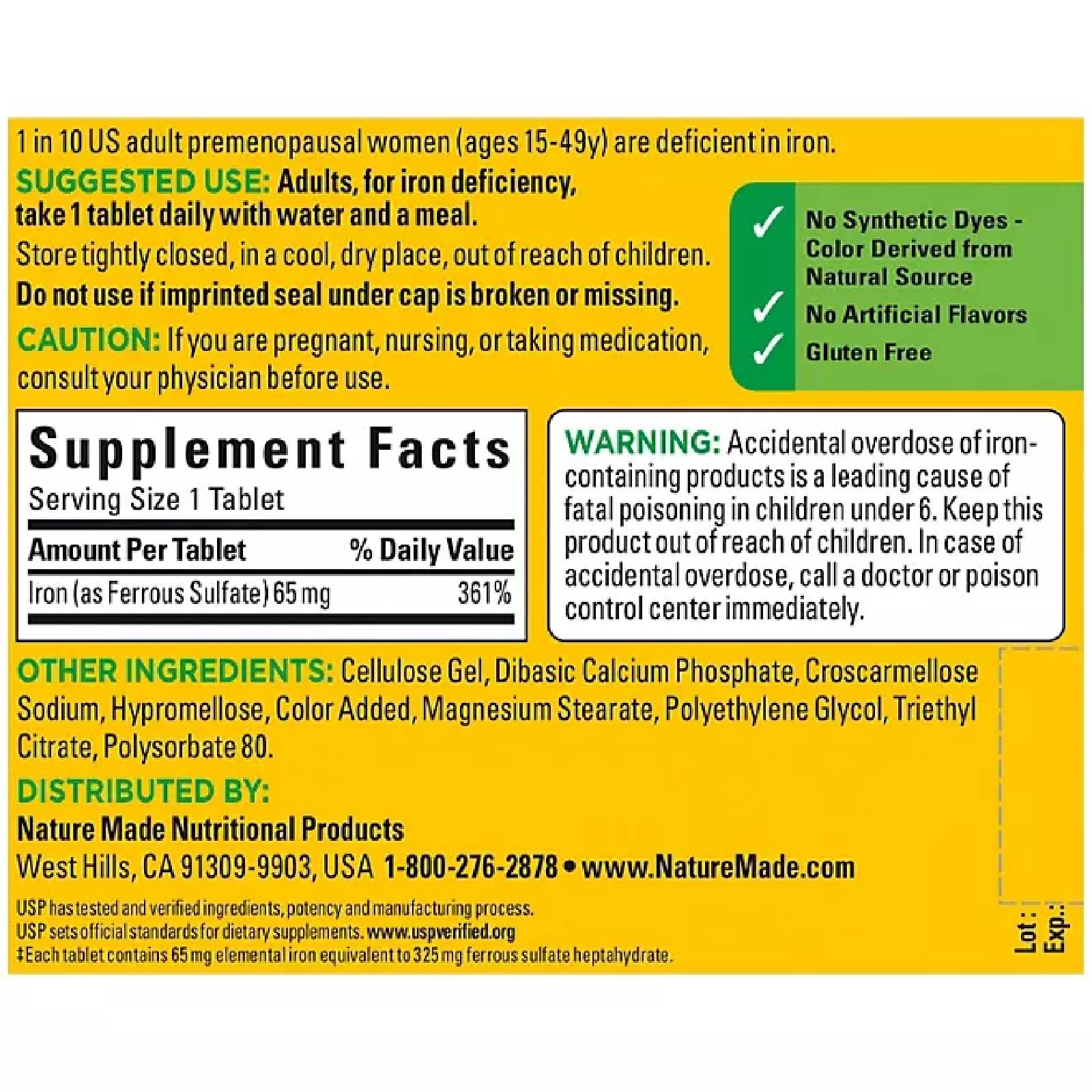 Close-up of Nature Made Iron 65 mg (325 mg Ferrous Sulfate) tablets