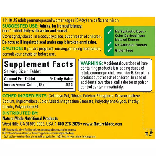 Close-up of Nature Made Iron 65 mg (325 mg Ferrous Sulfate) tablets