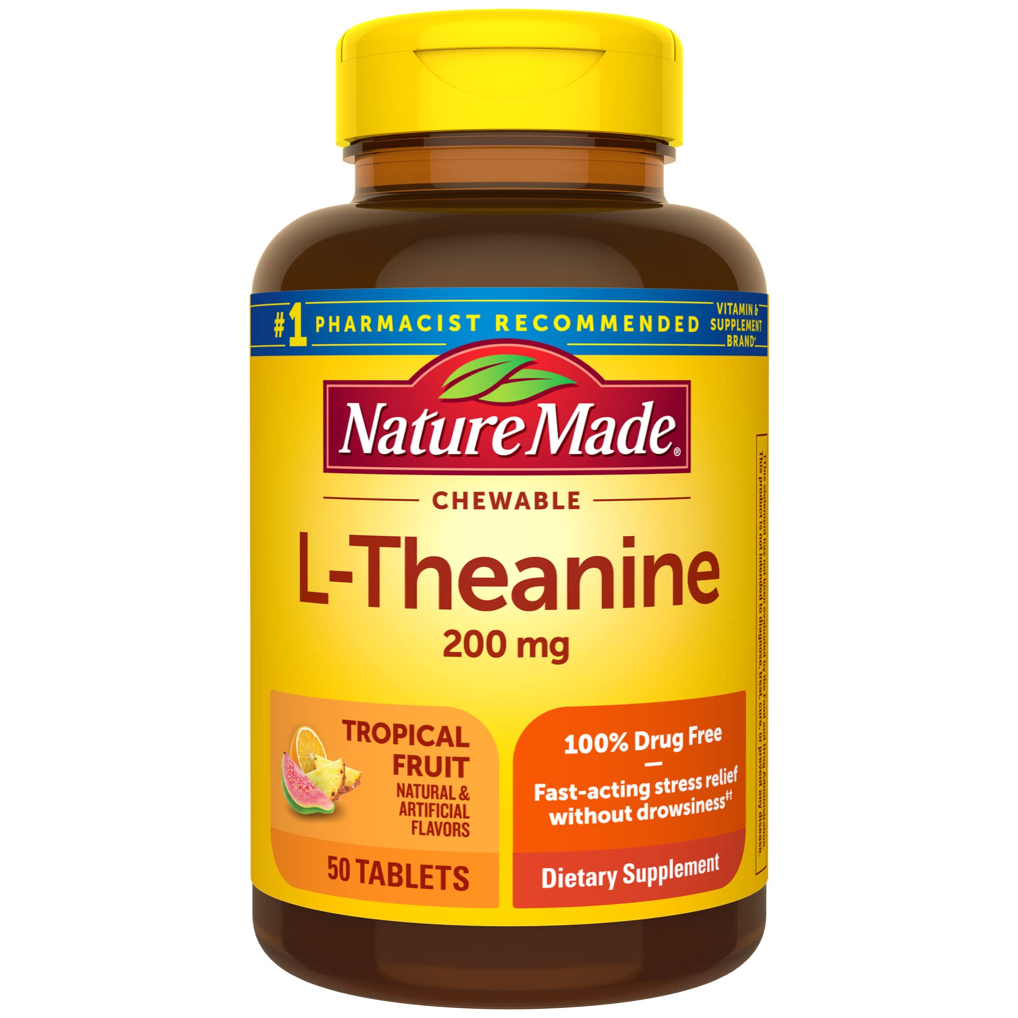 Nature Made L-Theanine 200mg chewable bottle labeled 50-count
