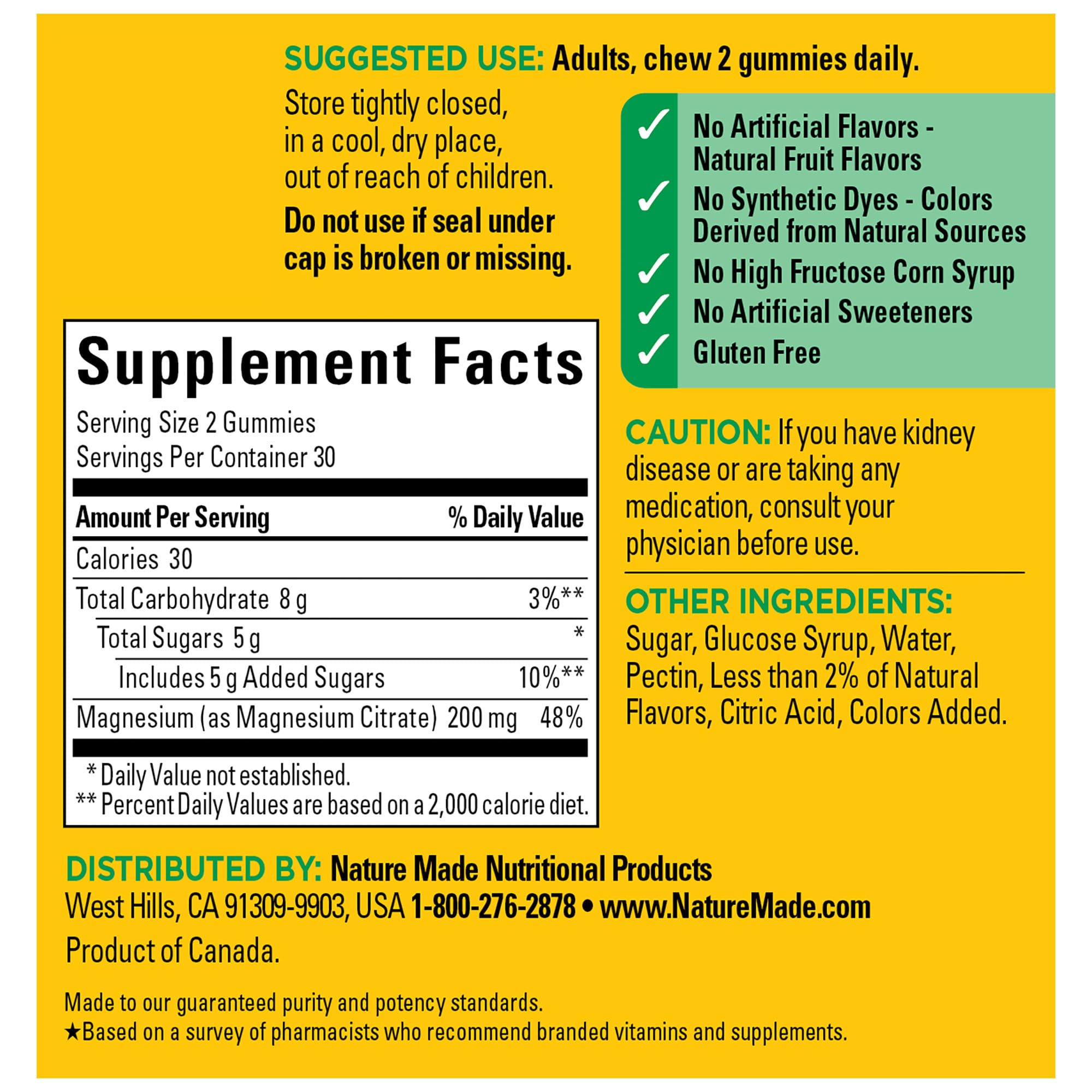 Back label showing supplement facts for Nature Made Magnesium Citrate gummies