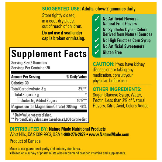 Back label showing supplement facts for Nature Made Magnesium Citrate gummies