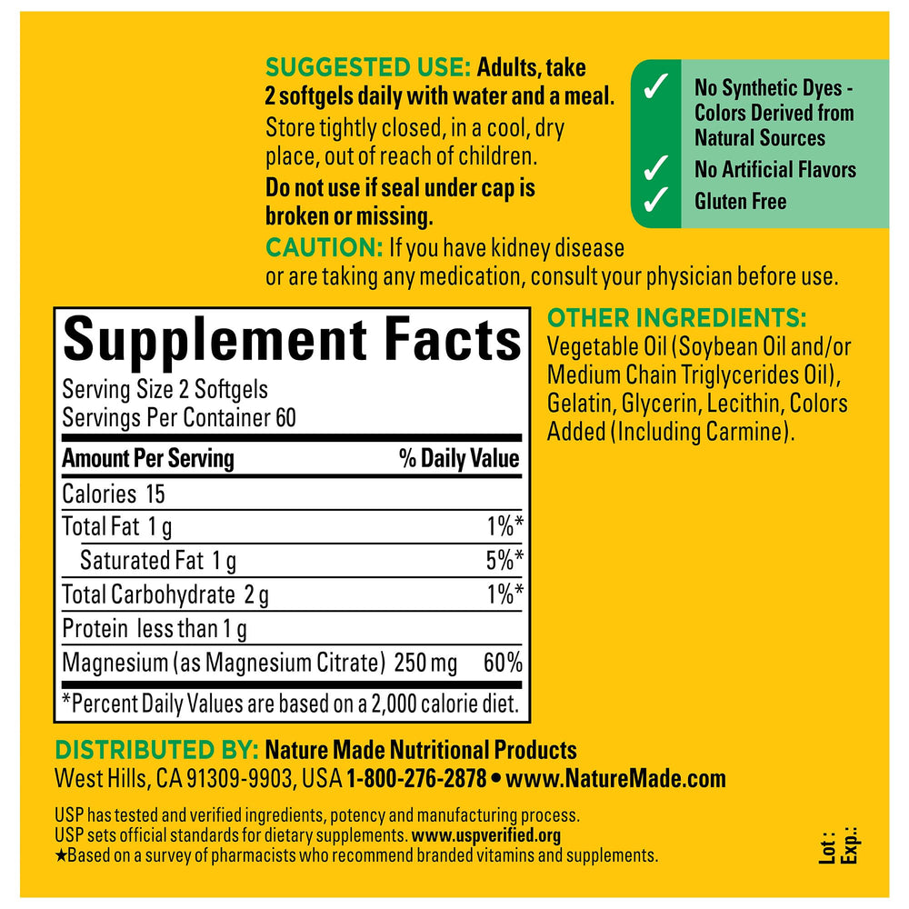 Close-up of Nature Made Magnesium Citrate 250 mg softgels