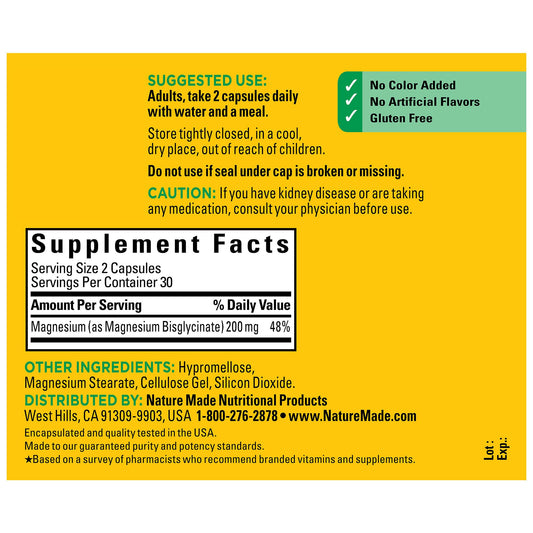 Close-up of Nature Made Magnesium Glycinate 200 mg capsules
