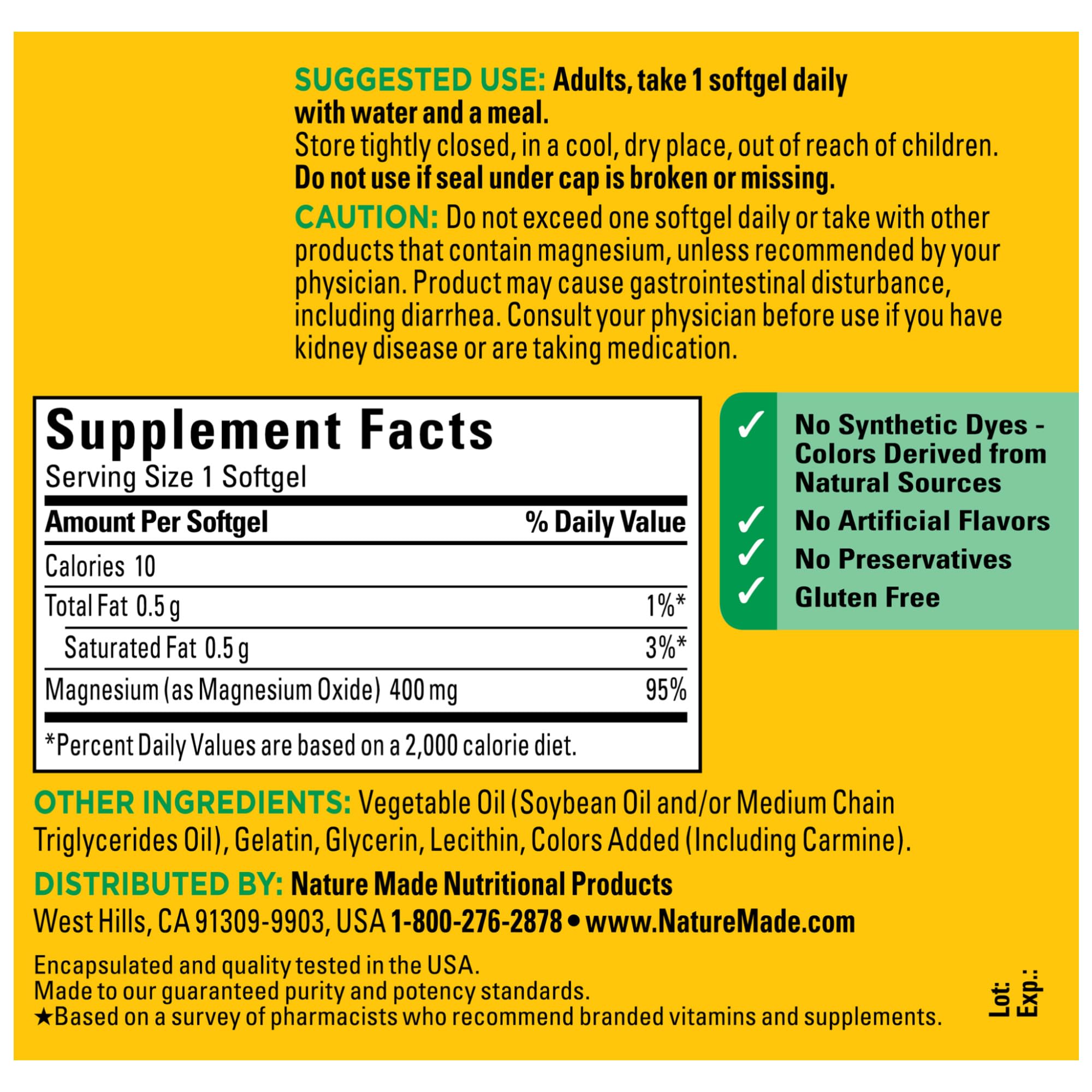 Close-up of Nature Made Extra Strength Magnesium Oxide 400 mg softgels