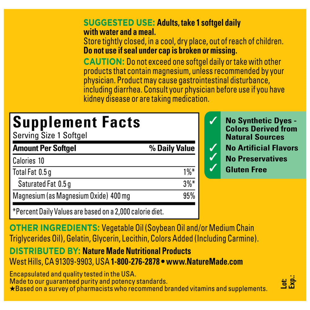 Close-up of Nature Made Extra Strength Magnesium Oxide 400 mg softgels