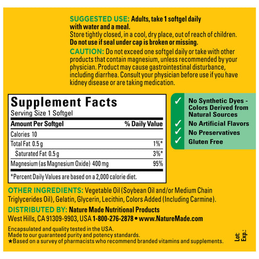 Close-up of Nature Made Extra Strength Magnesium Oxide 400 mg softgels