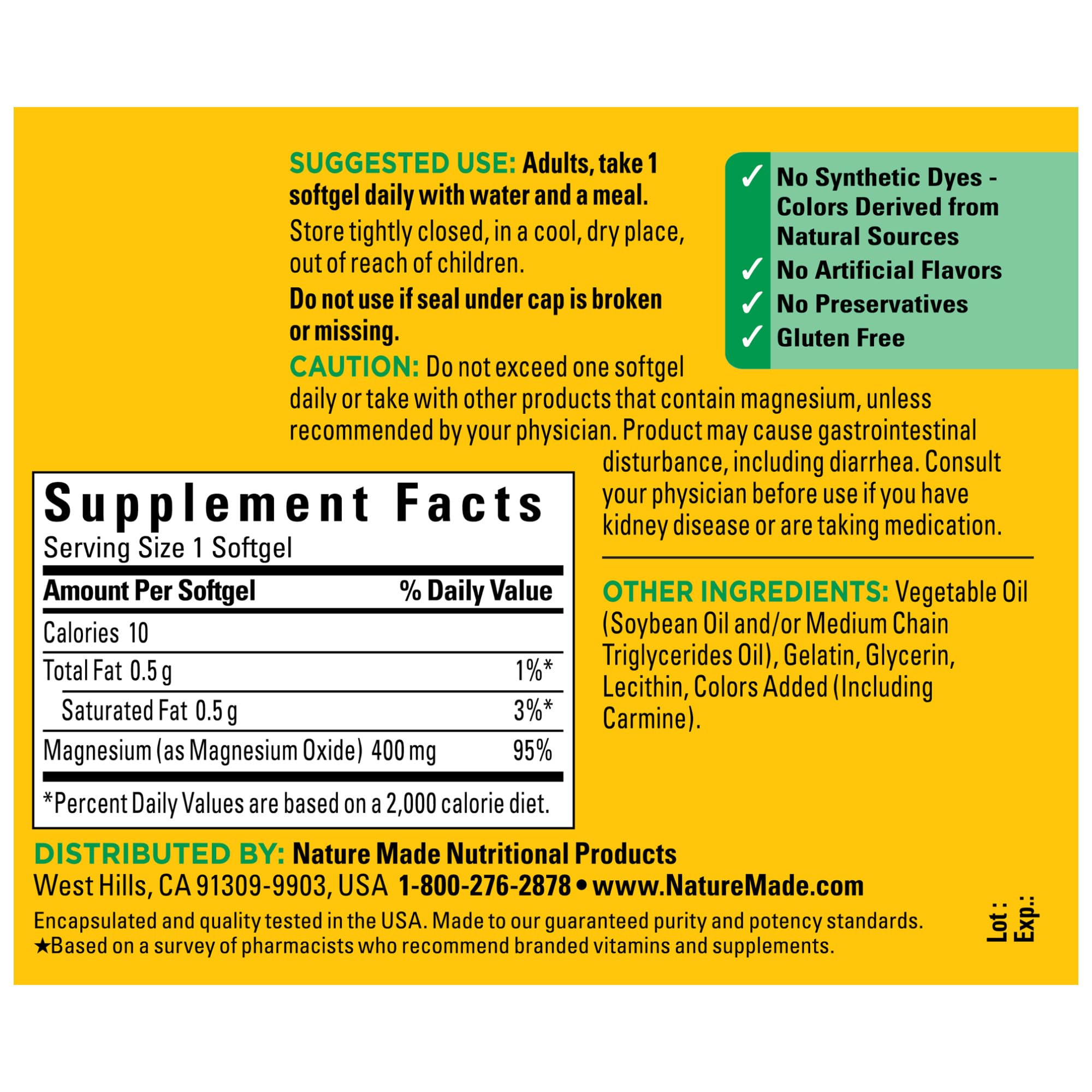 Front packaging view of Nature Made Magnesium Oxide 400 mg Softgels