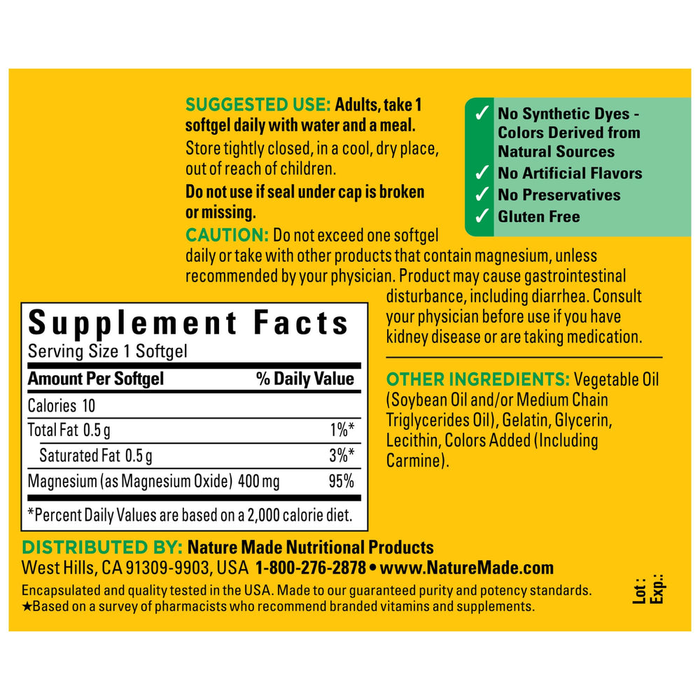Front packaging view of Nature Made Magnesium Oxide 400 mg Softgels