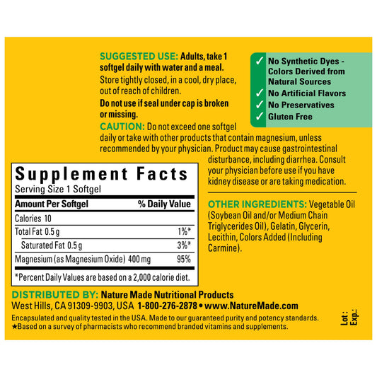 Front packaging view of Nature Made Magnesium Oxide 400 mg Softgels